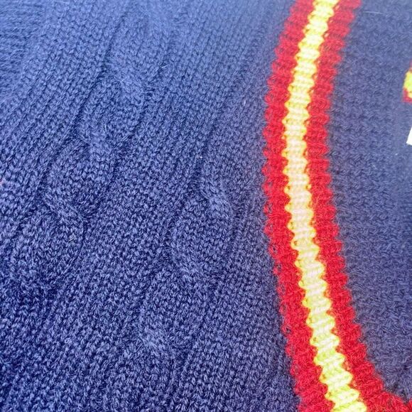 Deadstock 1990s GAP Cable Knit Cricket Sweater Navy Yellow Red Tags M - Picture 5 of 11